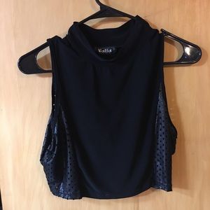 Textured black crop top mock neck